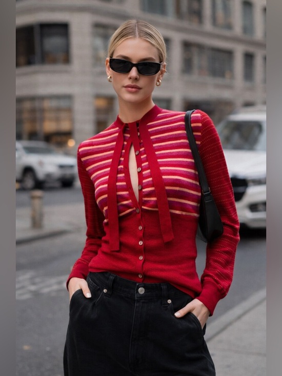 Free People Sweaters - Free People Red Stripe Tie Neck Sweater S NWOT Boho Knit Blouse